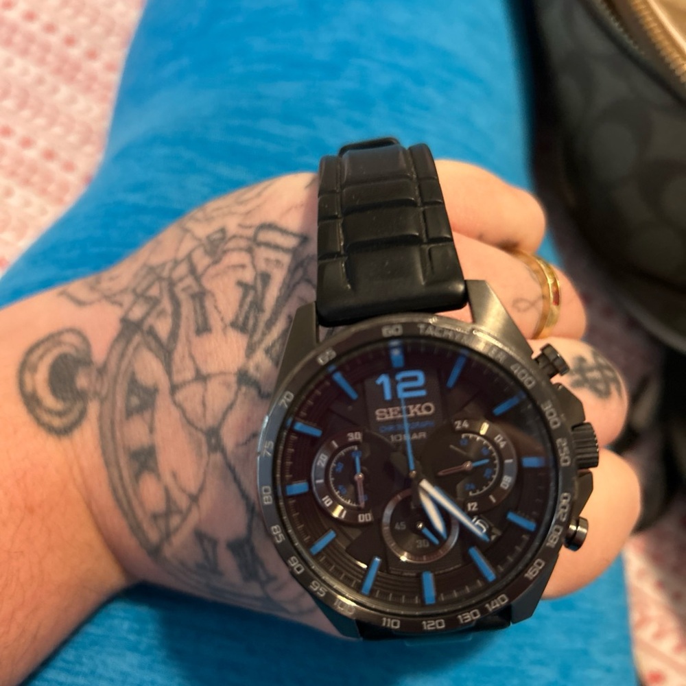 Seiko Black Chronograph Watch with Leather Strap